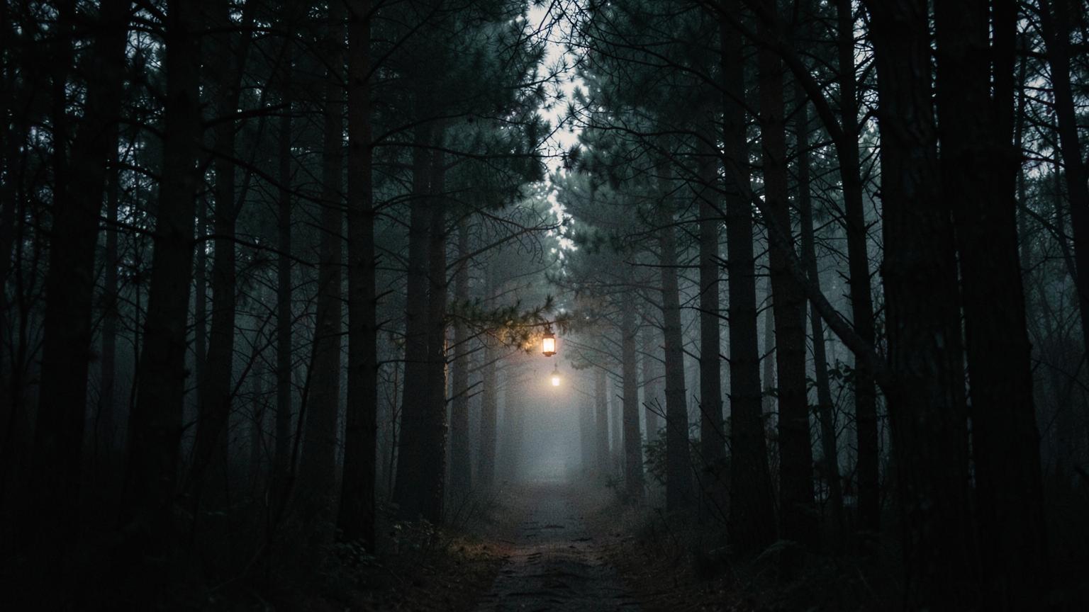 A lantern between the trunks — The path