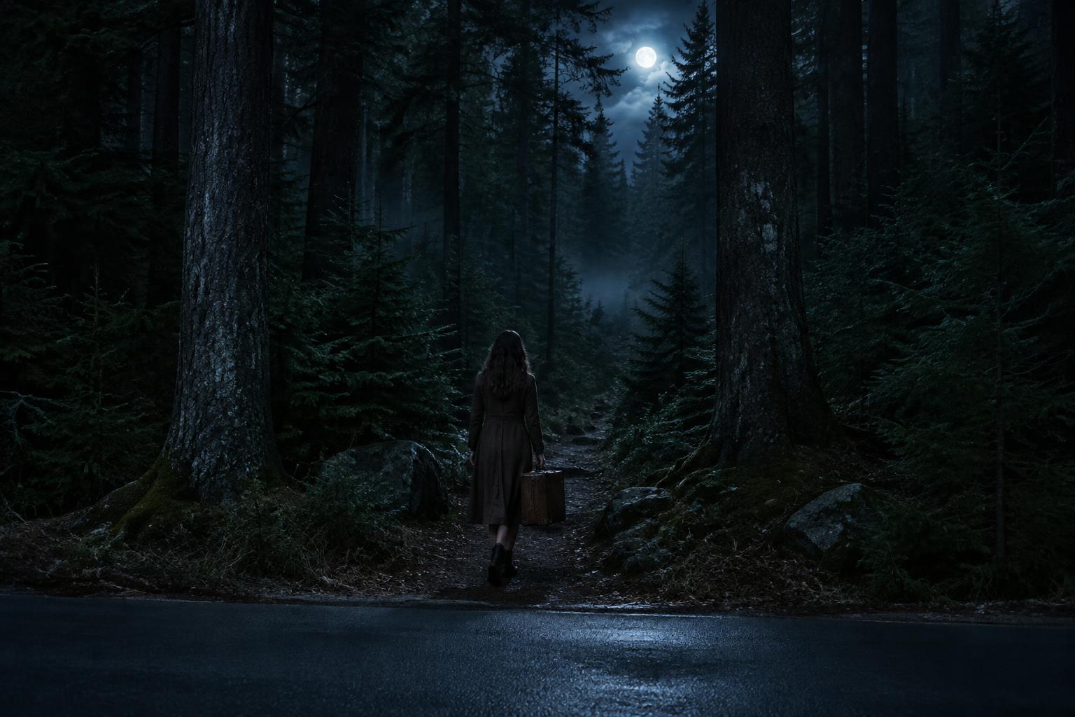 The forest road in Maine at night
