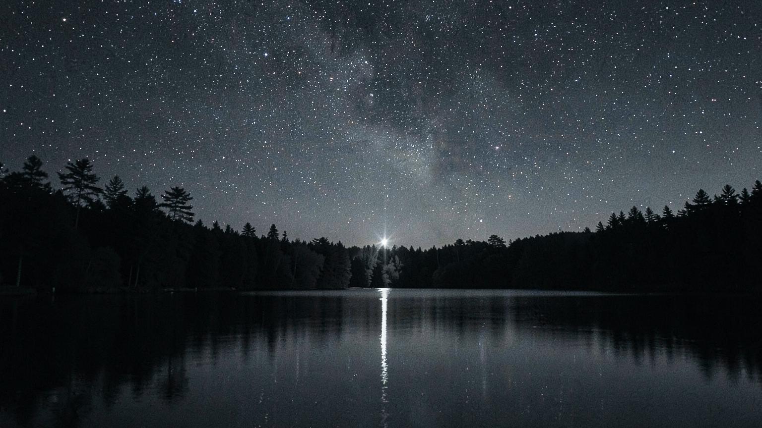 One star, low over the trees — Open water, open sky