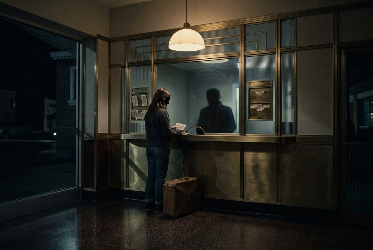 One lit window, one decision — Beaver County bus depot